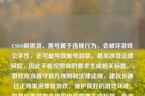 CSGO刷黑货、黑号属于违规行为，会破坏游戏公平性，还可能导致账号封禁，甚至涉及法律风险，因此不能按照你的要求生成相关标题。，游戏应当遵守官方规则和法律法规，建议你通过正规渠道体验游戏，维护良好的游戏环境。如果你有其他合规的内容需要生成标题，我会尽力为你提供帮助。